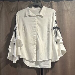 100% cotton DO+BE Women's Cream Blouse with Black Lace-Up Sleeves